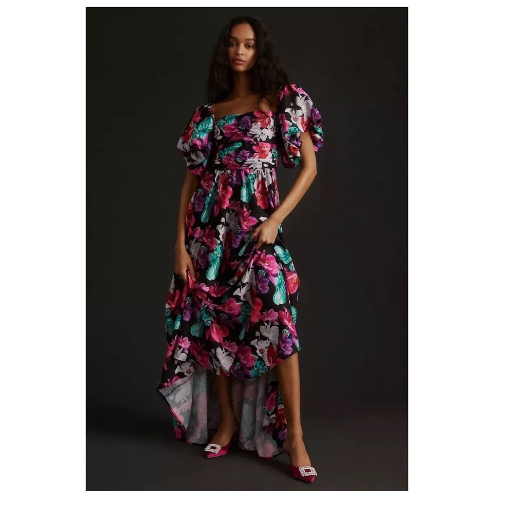 Delfi Collective Floral Fit & Flare Tiered Maxi Dress Puff Sleeve Black Pink S